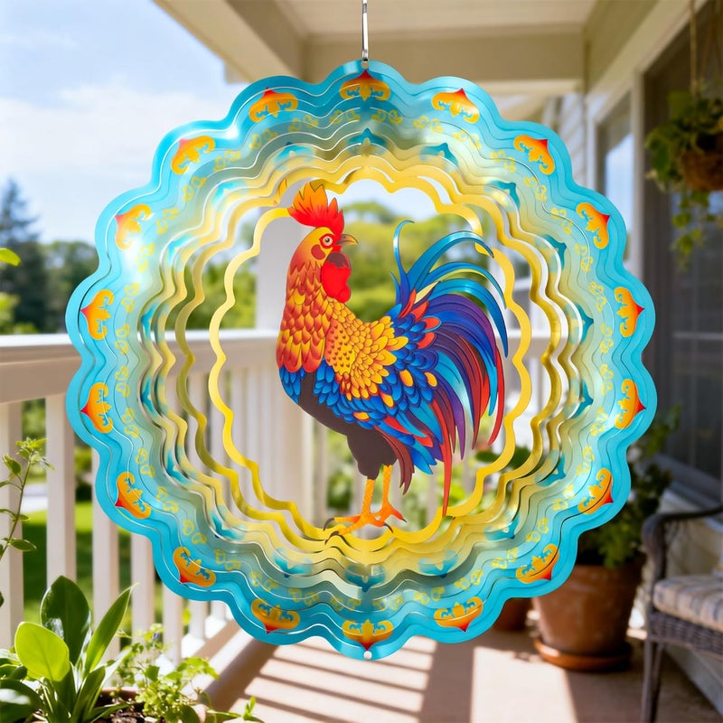 SUNCKET Stainless Steel 3D Chicken Wind Spinner Garden Yard Patio Porch Decor, Birthday Gifts for Women Mom Grandma, 12 Inch Hanging Rooster Wind Spinners Outdoor Chicken Coop Decoration - Image 1